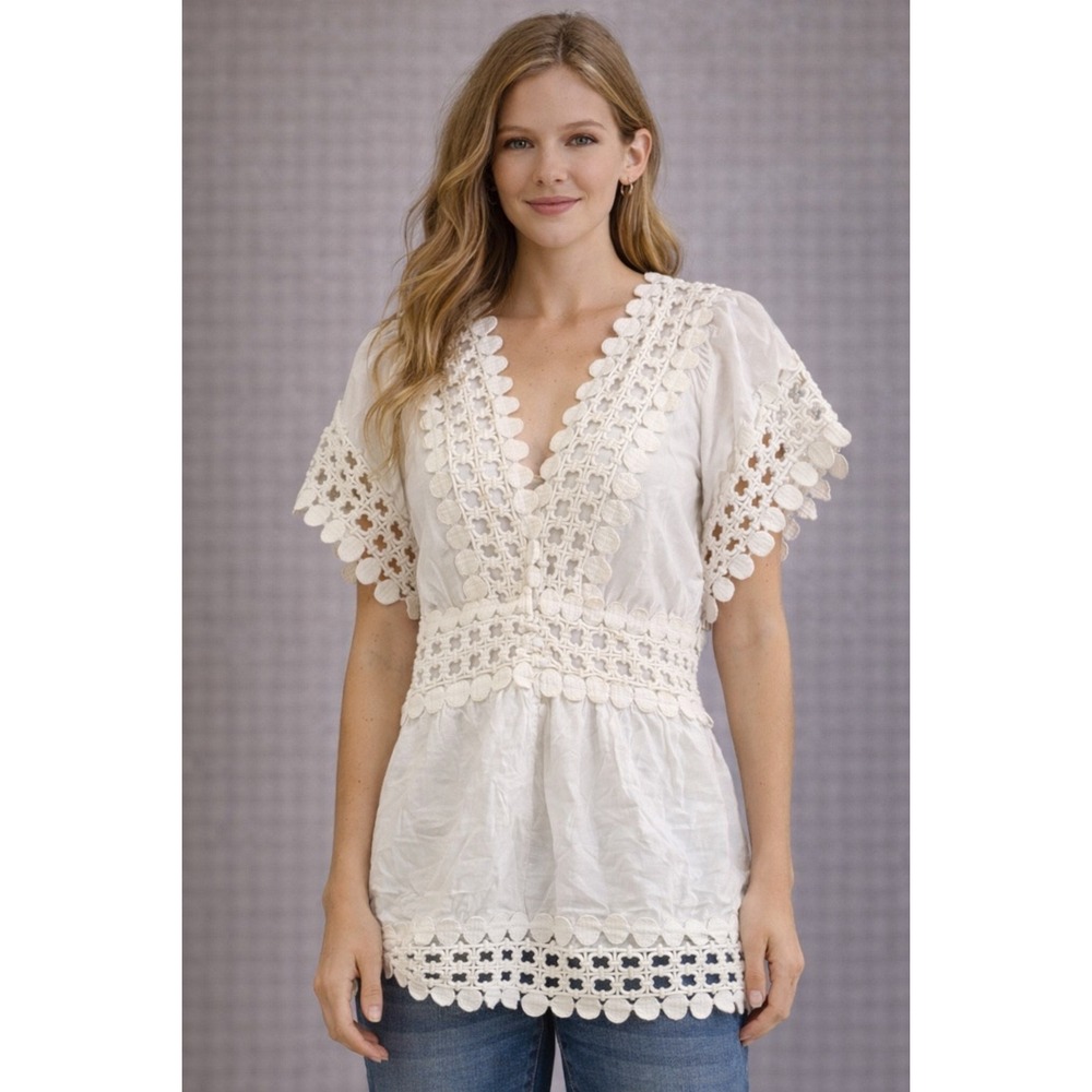 Gracia White Crochet Lace Blouse Womens L Boho Peasant Festival Cottagecore Top